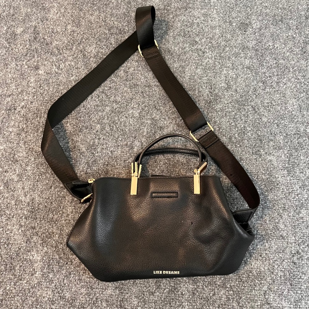 Like Dreams Black Pebbled Vegan Leather Satchel Crossbody Bag Gold Hardware
